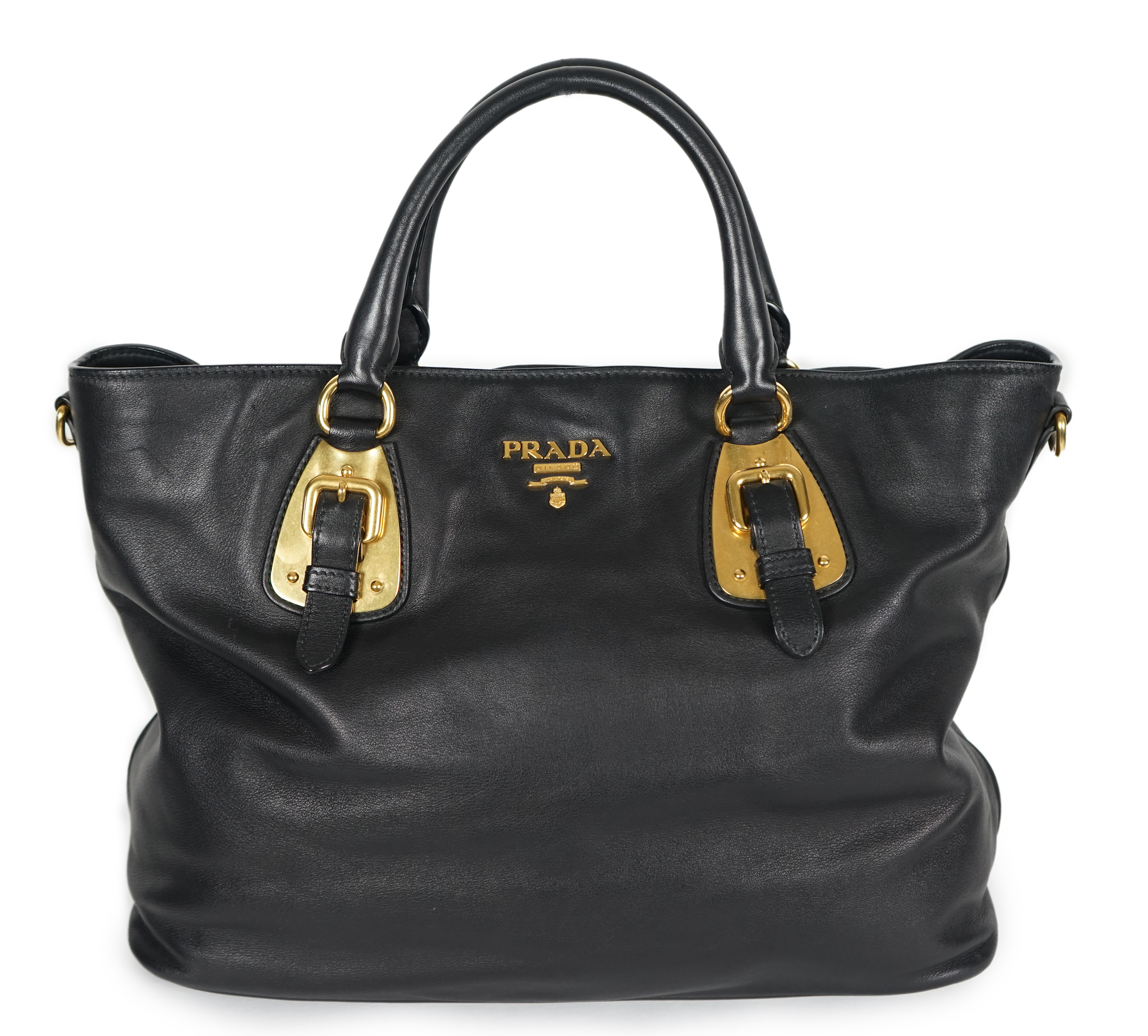 A Prada Vitello black leather bag with detachable strap, width 40cm, max heigh 27cm, depth 17cm